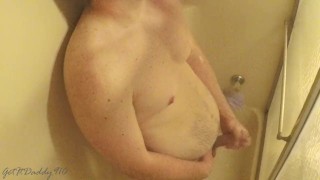 Horny daddy masturbating in the shower while home alone. Huge cum shot.
