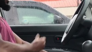 Stroking my black cock in the car - public