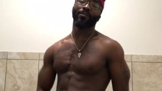 Stroking my dick in the gym bathroom again (w/ *small* cumshot)