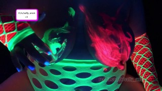 BBW milf black light finger paints massages huge breasts and long nipples