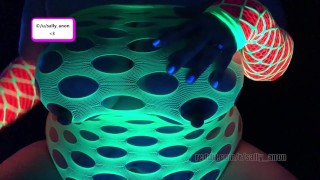 BBW milf black light finger paints massages huge breasts and long nipples