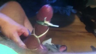 Straight guy stroking tied cock