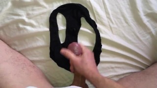 Jerk off my hard cock on my GF wet panties