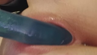 Solo masturbation w/ blue dildo