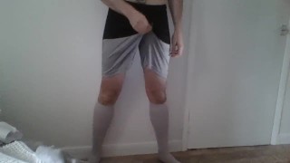 wank and cum in football socks and shorts after a match