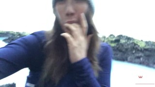 Eva Lovia playing with her tits and pussy at lagoon