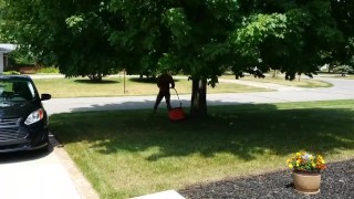 Mowing the lawn in short shorts