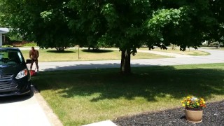 Mowing the lawn in short shorts