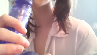 Shemale sucks dildo