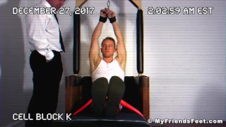 Two pervs tickling tied up jock all over his body in the prison