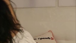Beautiful slim brunette teen rubbing her shaved tight pink pussy and boobs