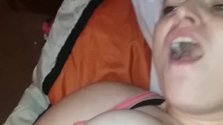 Redhead fucks hairy pussy while twisting her perfect pink nipples