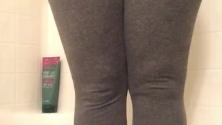 Pissing in my yoga pants and showing off my tits