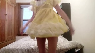 Thick Cloth Diaper with Matching Yellow Plastic Panties and Frilly Dress