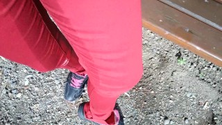 Pee on my new red jeans outdoor