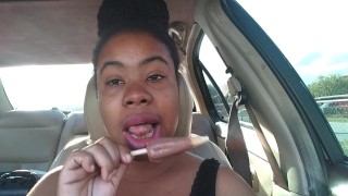 Ebony Big Lips Sucking Ice cream Pop Outside in Car - Cami Creams