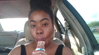 Ebony Big Lips Sucking Ice cream Pop Outside in Car - Cami Creams