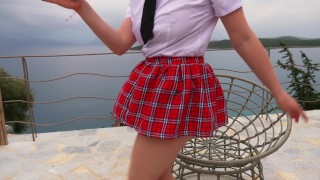 Ginger Schoolgirl Cheerleader Seaside Dance | Redheaded Girl Solo Dancing