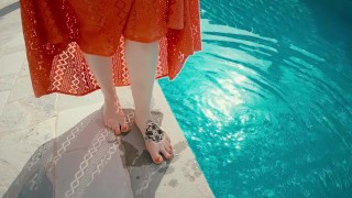Ginger Girl in Long Red Dress Gets Hairy Pussy Creampie in Swimming Pool
