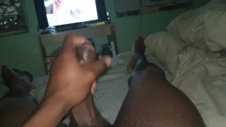 Stroking my big dick to porn part 2