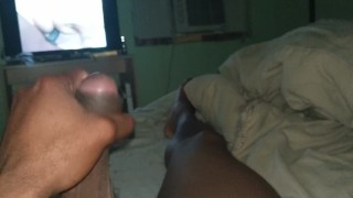 Stroking my big dick to porn part 2