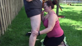 Wife Sucks Cock in the Backyard and Gets Huge Facial