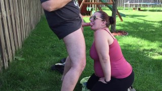 Wife Sucks Cock in the Backyard and Gets Huge Facial