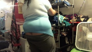 fat white girl buttcrack in sweatpants and shorts with a see thru shirt