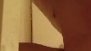 Skinny stud throating huge dildo in shower no gag