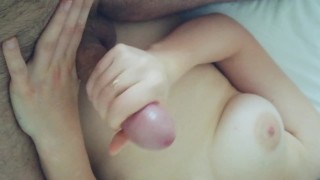  beauty gives morning handjob - cum covered tits - POV amateur orgasm