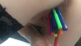 How Many Pens Can I Fit Inside my Tight Little Pussy?
