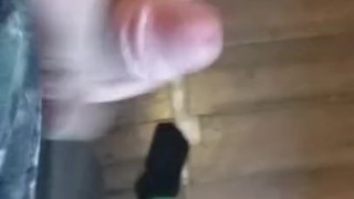 Standing and jerking, huge cumshot.