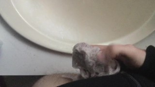 Lubed-up panties and toothbrush on ass—huge cumshot!