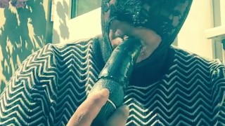 Masked ebony bbw smoking outside in back garden sucking vibrator in secret