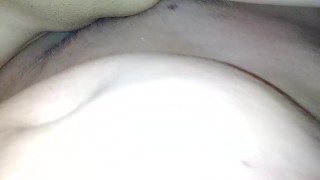 Massive cream pie from tiny asian pussy, covers fat white cock