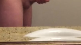 Solo jack off in bathroom mirror side view with cum