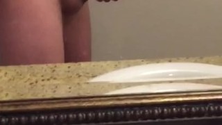 Solo jack off in bathroom mirror side view with cum