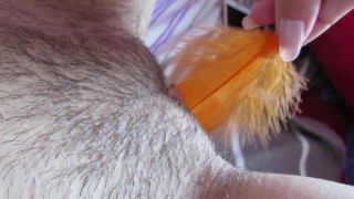 Hairy big clit pussy feather teasing