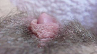 Extreme close up on my hairy big clit pussy