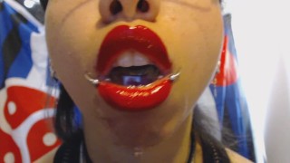 Bright Red Lipstick Drooling A LOT of Saliva and Spit