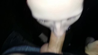 First time public sloppy blowjob, deepthroat, swallows cum