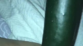 Lonely horny amateur has no toys for wet pussy, cums all over cucumber pt.1