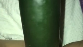 Lonely horny amateur has no toys for wet pussy, cums all over cucumber pt.1