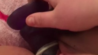 Gentle mastebating with huge dildo
