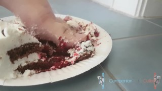 Smushing cake with my feet and between my boobs.