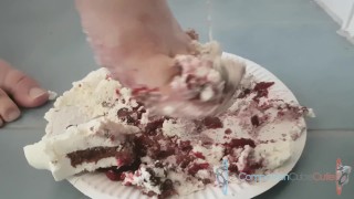 Smushing cake with my feet and between my boobs.