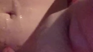 Sissy gurl in glasses cums all over herself!