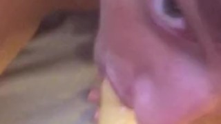 Teen practicing sucking dick with dildo