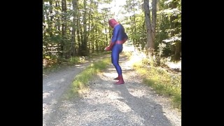 outdoor spiderman with exposed cock