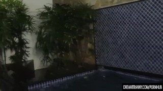 Voluptuous Shemale Sabrina Sousa and a Guy Make Out in a Swimming Pool